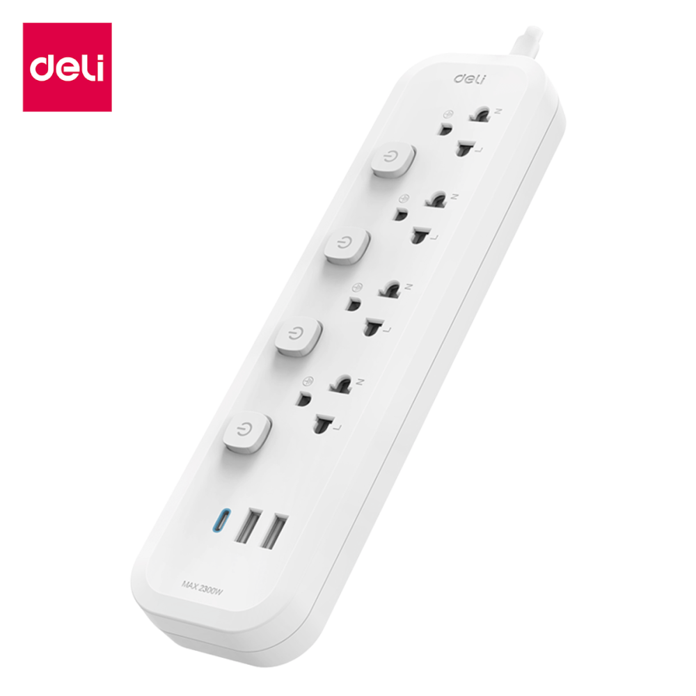 รางปลั๊กไฟ 4ช่อง 2USB 1TypeC Deli CT477-WH-01 ความยาวสาย 3 เมตร สีขาว